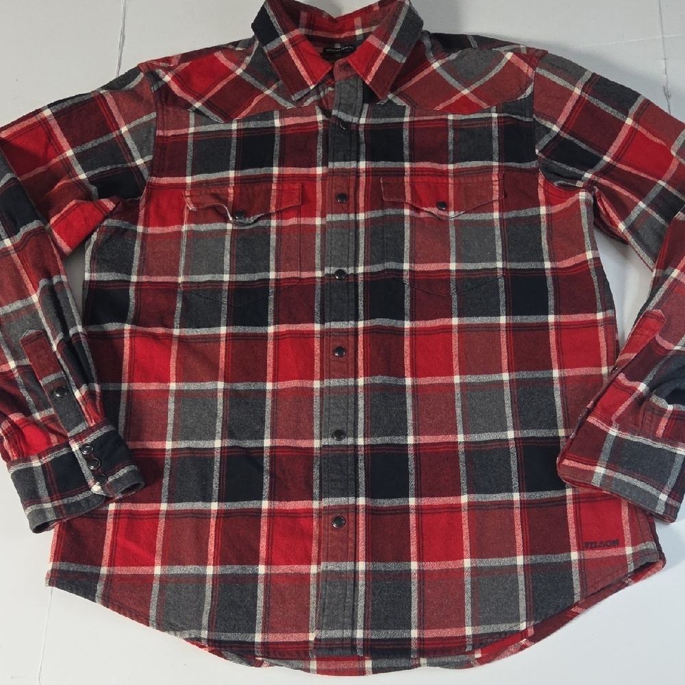 Filson Western Trim Red Gray and Black Plaid Button-Up Shirt